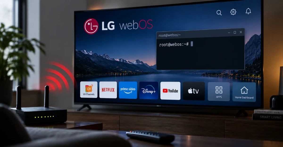 Televisor LG con la pantalla de inicio de webOS y una ventana de consola con acceso root, junto a un router con ondas rojas en una sala