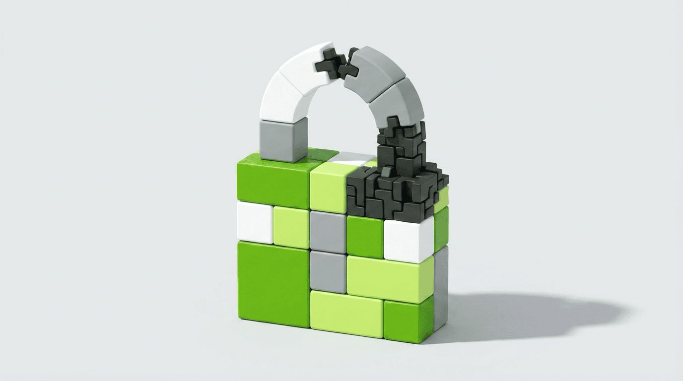 Ilustración de un candado hecho con bloques verdes, blancos y grises, con parte del arco y del cuerpo convertida en piezas negras que lo desarman