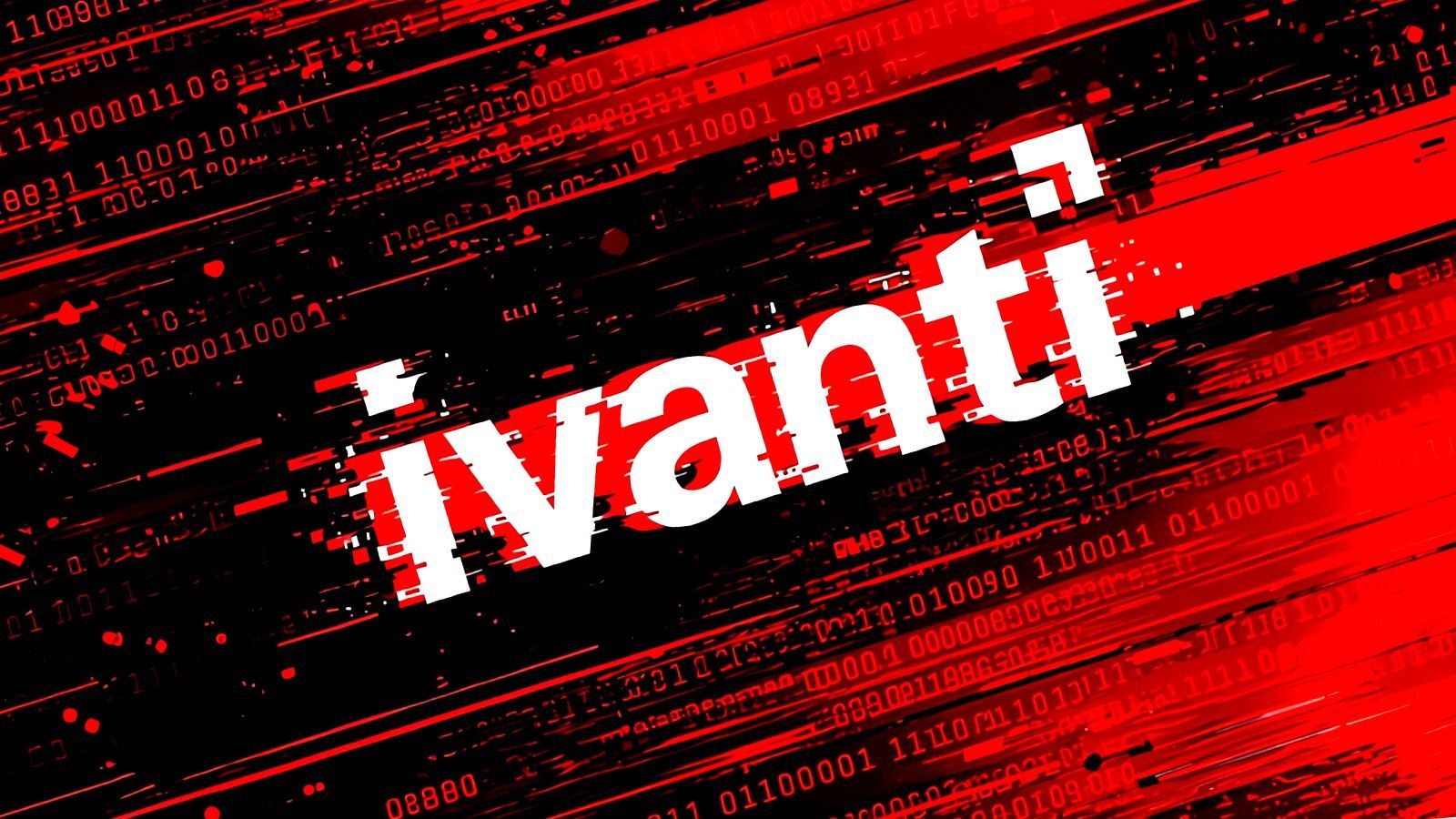 Logo de Ivanti en blanco sobre un fondo negro y rojo con efecto de interferencia digital y dígitos binarios