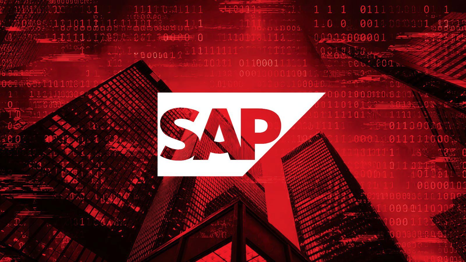 Logo de SAP en blanco sobre edificios de oficinas vistos desde abajo, teñidos de rojo y cubiertos de dígitos binarios