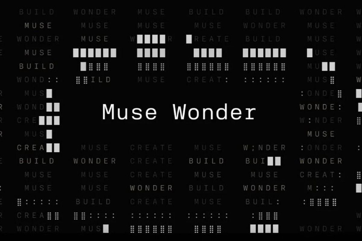 Fondo negro con una cuadrícula de palabras en caracteres tipo máquina de escribir (Muse, Wonder, Build, Create), algunas formadas por bloques blancos, y el texto Muse Wonder al centro