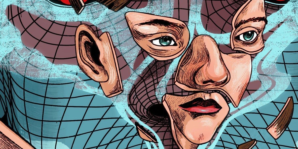 Ilustración de un rostro humano fragmentado en piezas flotantes (oreja, ojos, nariz, boca) sobre una malla celeste que se hunde como un vórtice