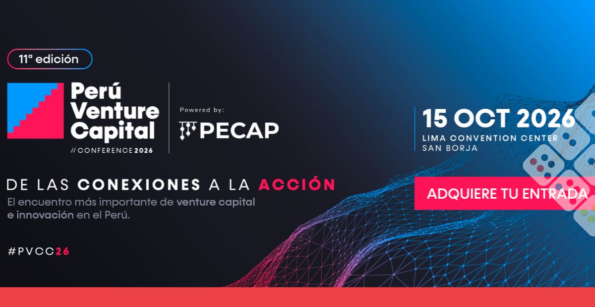 Afiche de la Peru Venture Capital Conference 2026, 11.ª edición, con el lema De las conexiones a la acción, la fecha 15 de octubre de 2026 en el Lima Convention Center y el logo de PECAP sobre fondo oscuro con una red de líneas azules