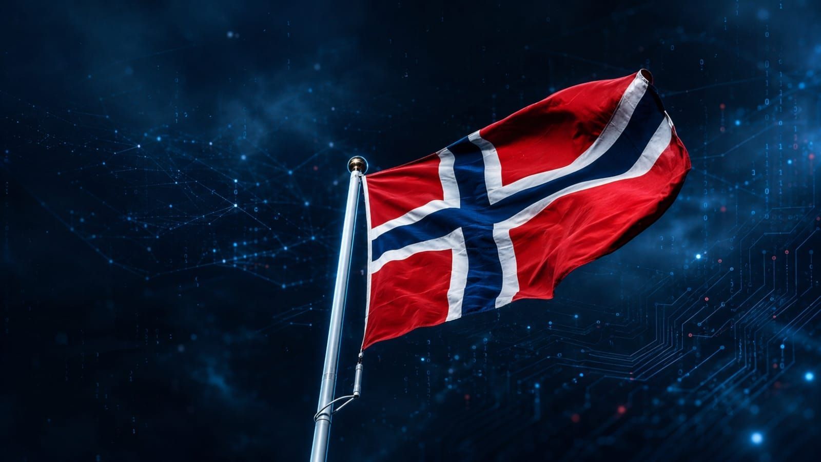 Bandera de Noruega ondeando en un mástil metálico sobre un fondo azul oscuro con puntos de luz, líneas de conexión y circuitos digitales