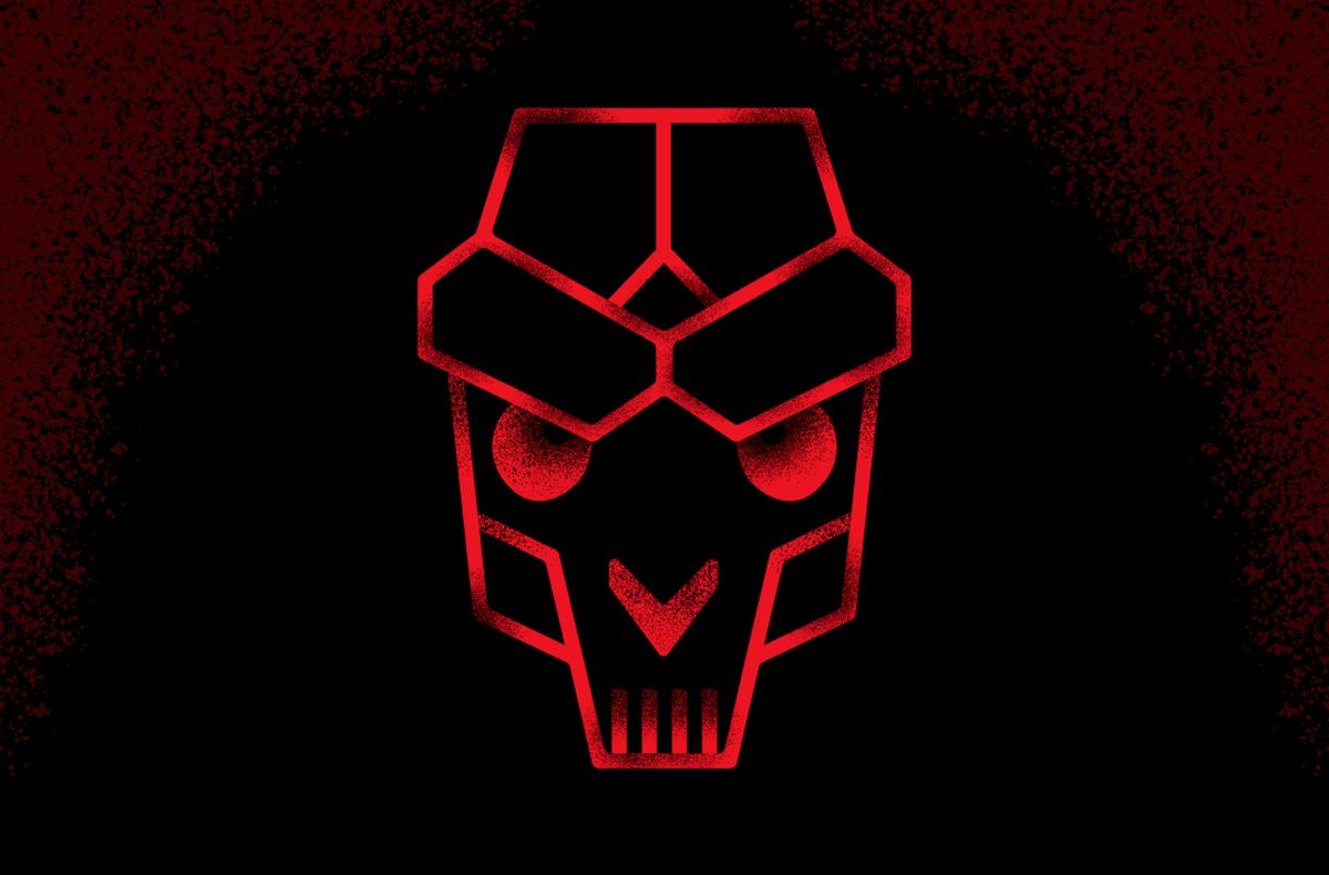Ilustración en rojo sobre fondo negro de una máscara geométrica, emblema con el que CrowdStrike identifica a los grupos de Corea del Norte