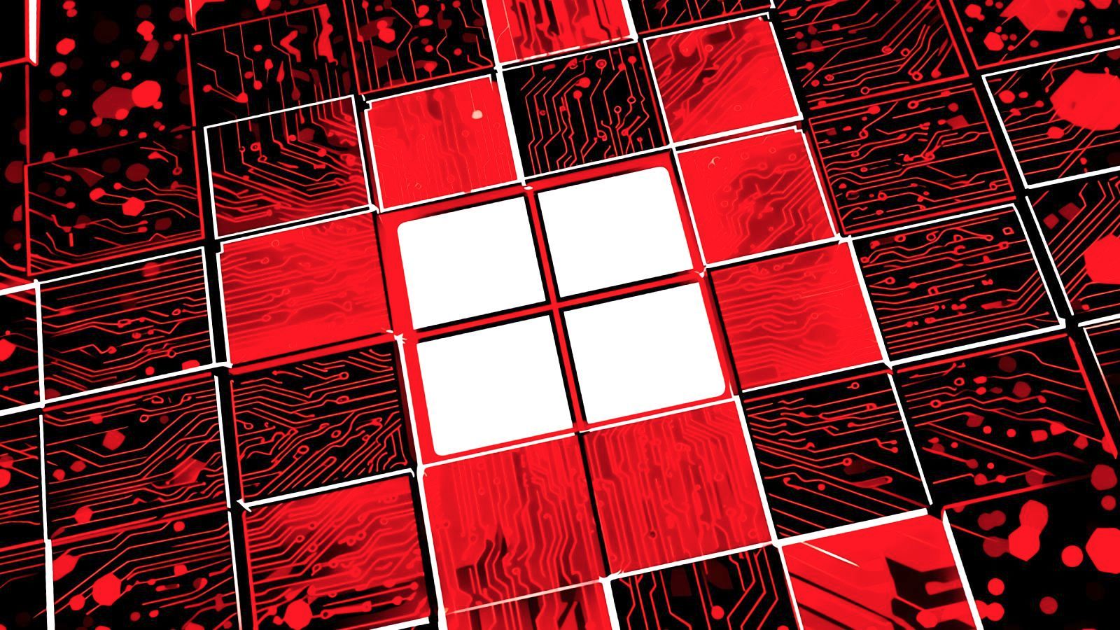 Logo de Windows en blanco sobre una cuadrícula de circuitos rojos