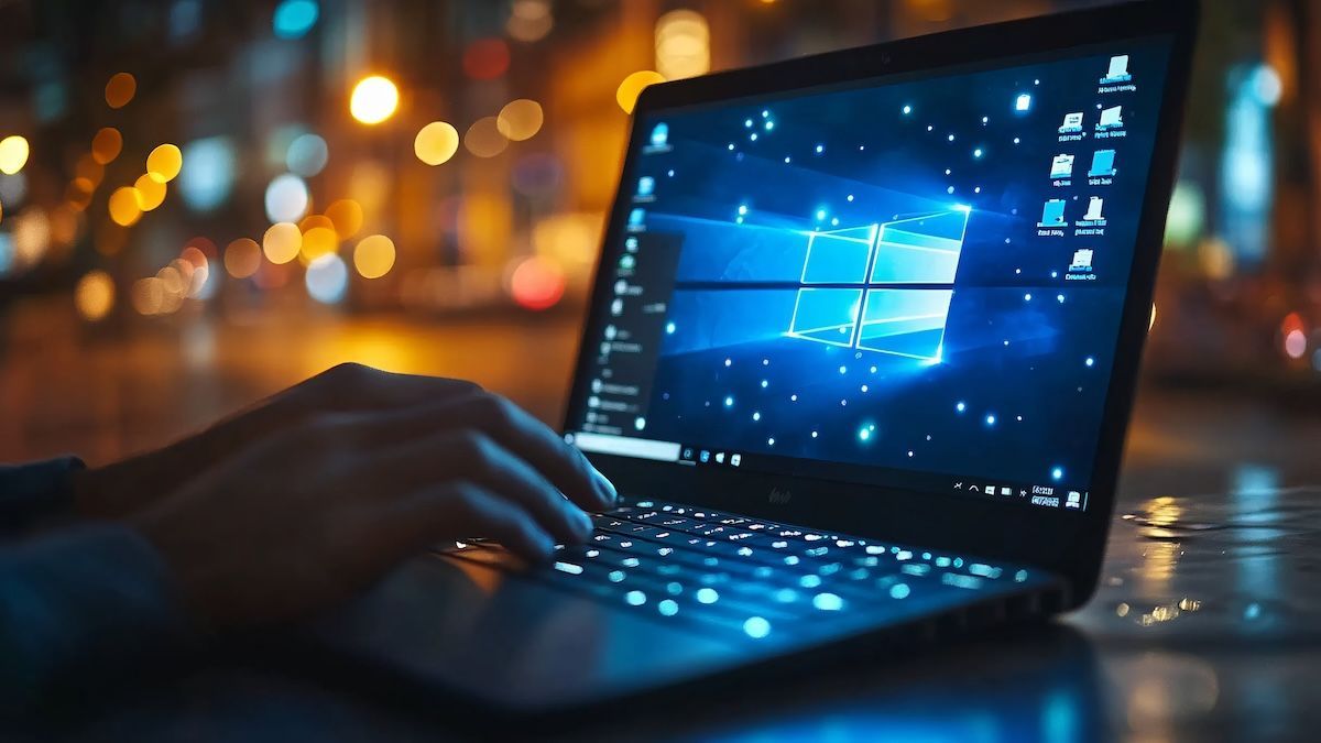 Manos sobre el teclado de una computadora portátil con el logo de Windows en la pantalla