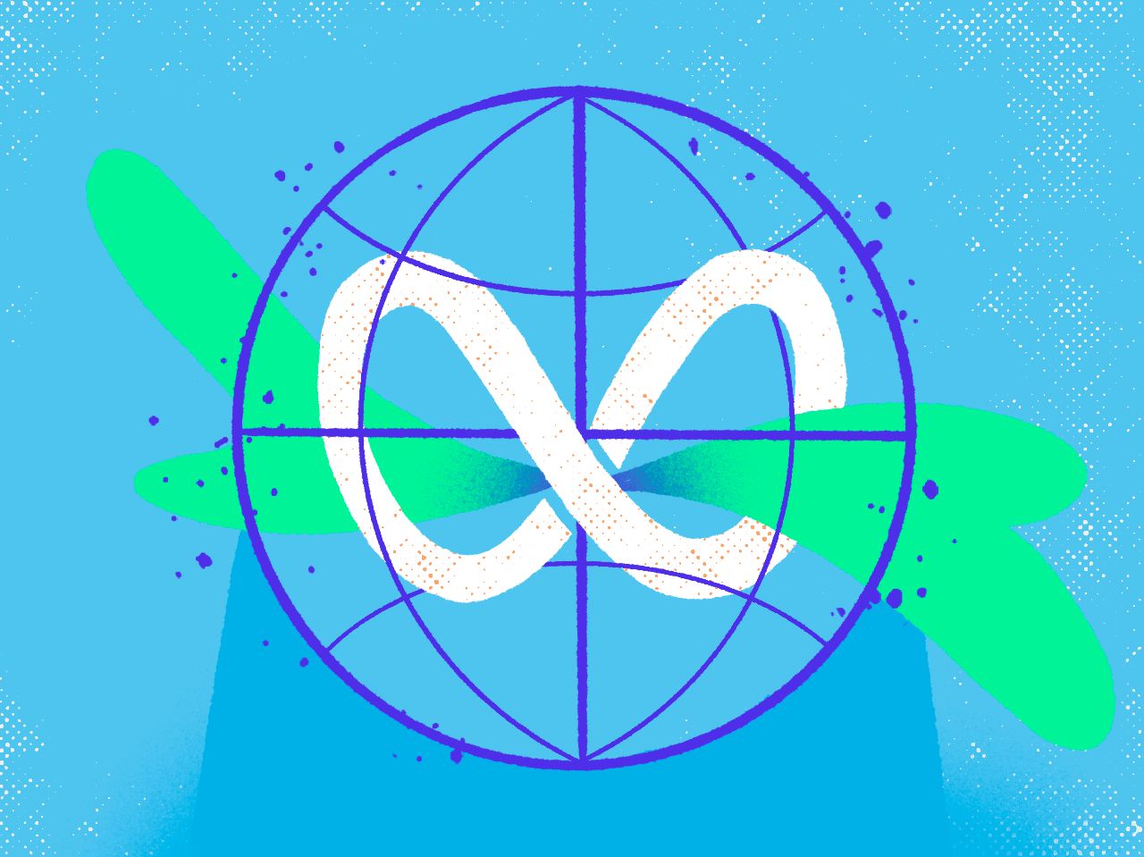 Ilustración con el logotipo de Meta dentro de un globo terráqueo sobre fondo azul