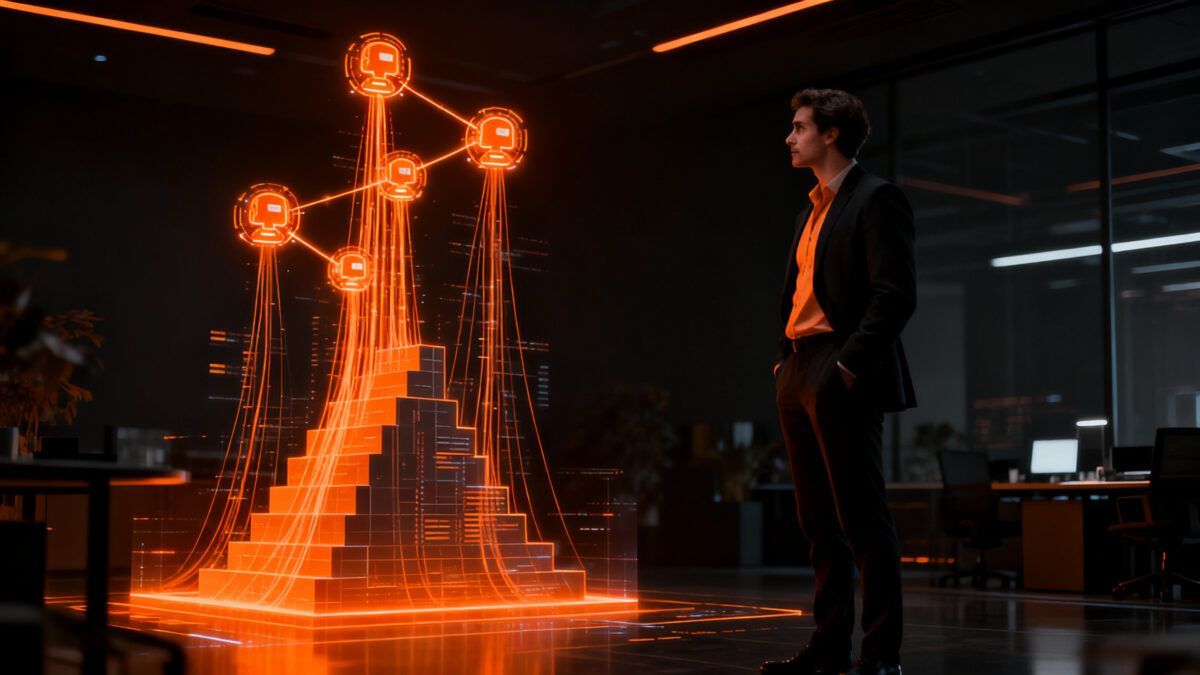 Ilustración de un hombre de traje que observa una pirámide escalonada luminosa de color naranja, con cinco íconos de agentes conectados que flotan sobre ella, en una oficina oscura