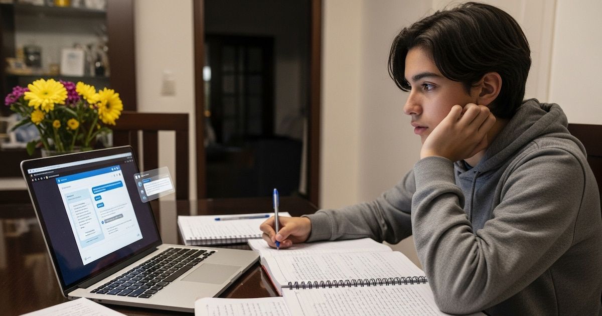 Un joven apoya el rostro en la mano mientras mira la pantalla de una laptop con una ventana de chat, junto a cuadernos abiertos sobre una mesa