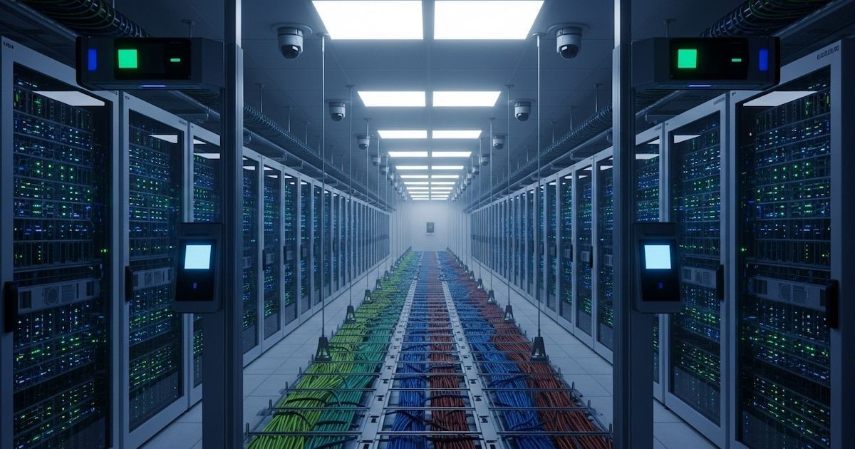 Pasillo de un centro de datos con filas de servidores iluminados a ambos lados y cables de colores sobre bandejas