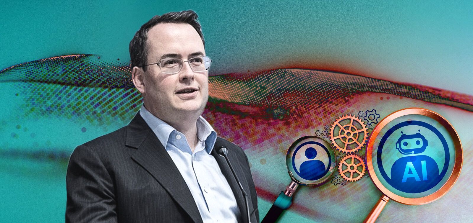Fabien Curto Millet habla ante un micrófono, sobre un fondo verde azulado con lupas que muestran el ícono de una persona y el de un robot con la sigla AI