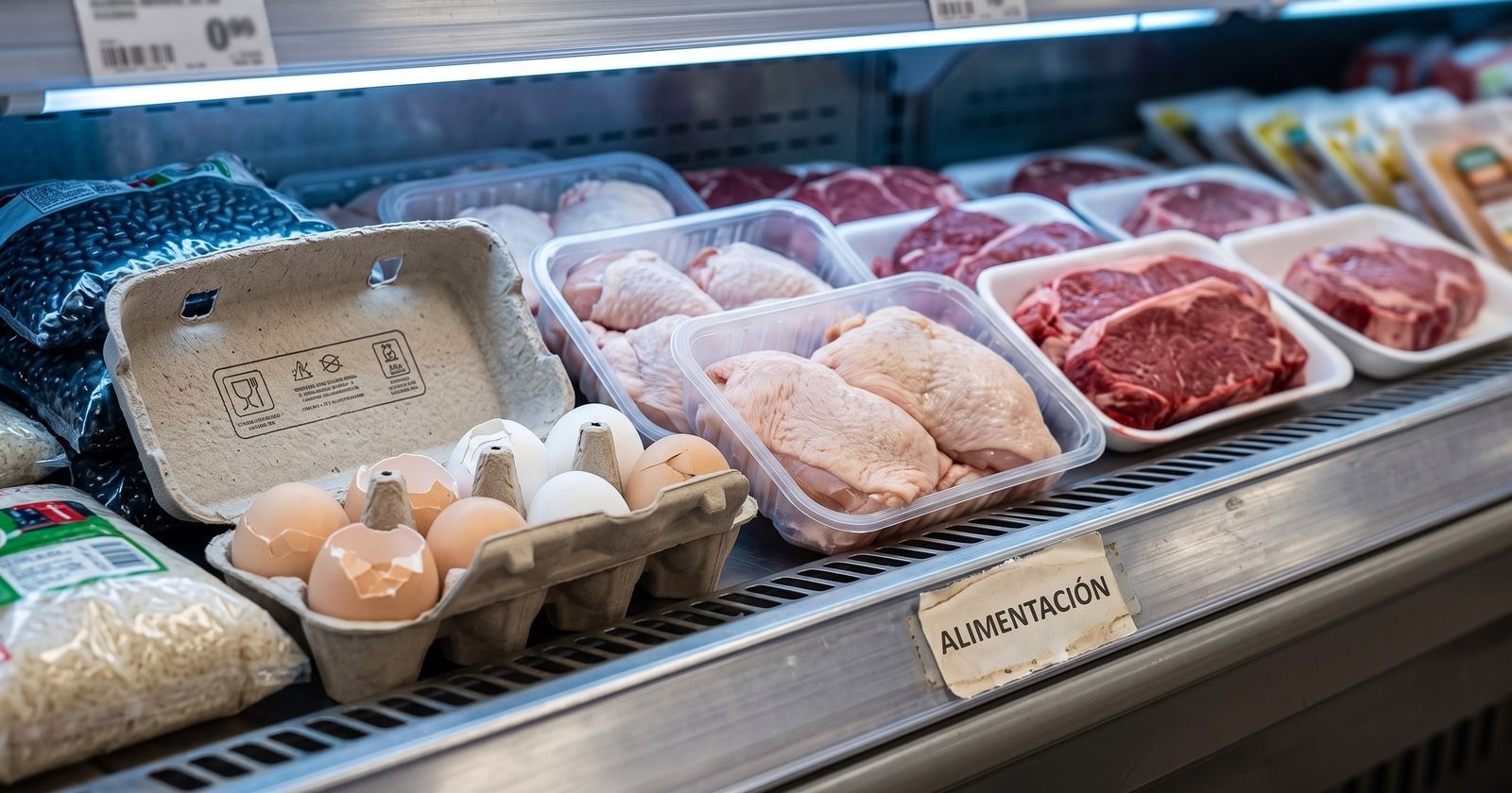 Exhibidor refrigerado de supermercado con carne, pollo y huevos, y un cartel que dice Alimentación