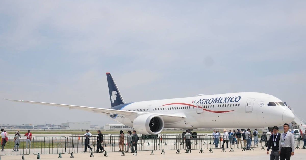 Avión comercial blanco con franja azul marino en la cola y el logotipo AeroMéxico en rojo y azul sobre el fuselaje, estacionado en una pista. Frente al avión hay una valla metálica con gente caminando y de pie, y en primer plano dos hombres con crede