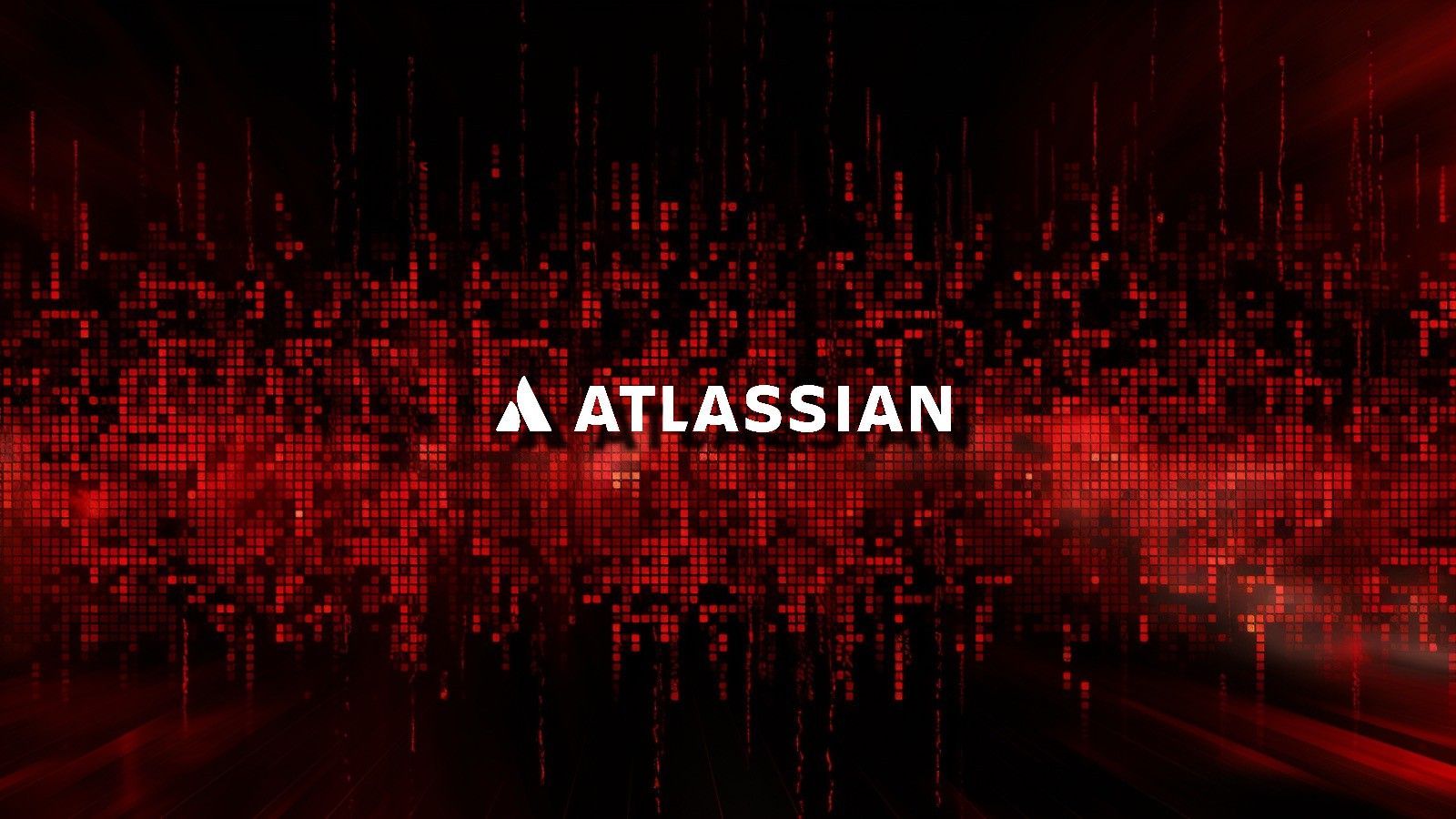 Logotipo de Atlassian en blanco sobre un fondo de pixeles rojos y negros