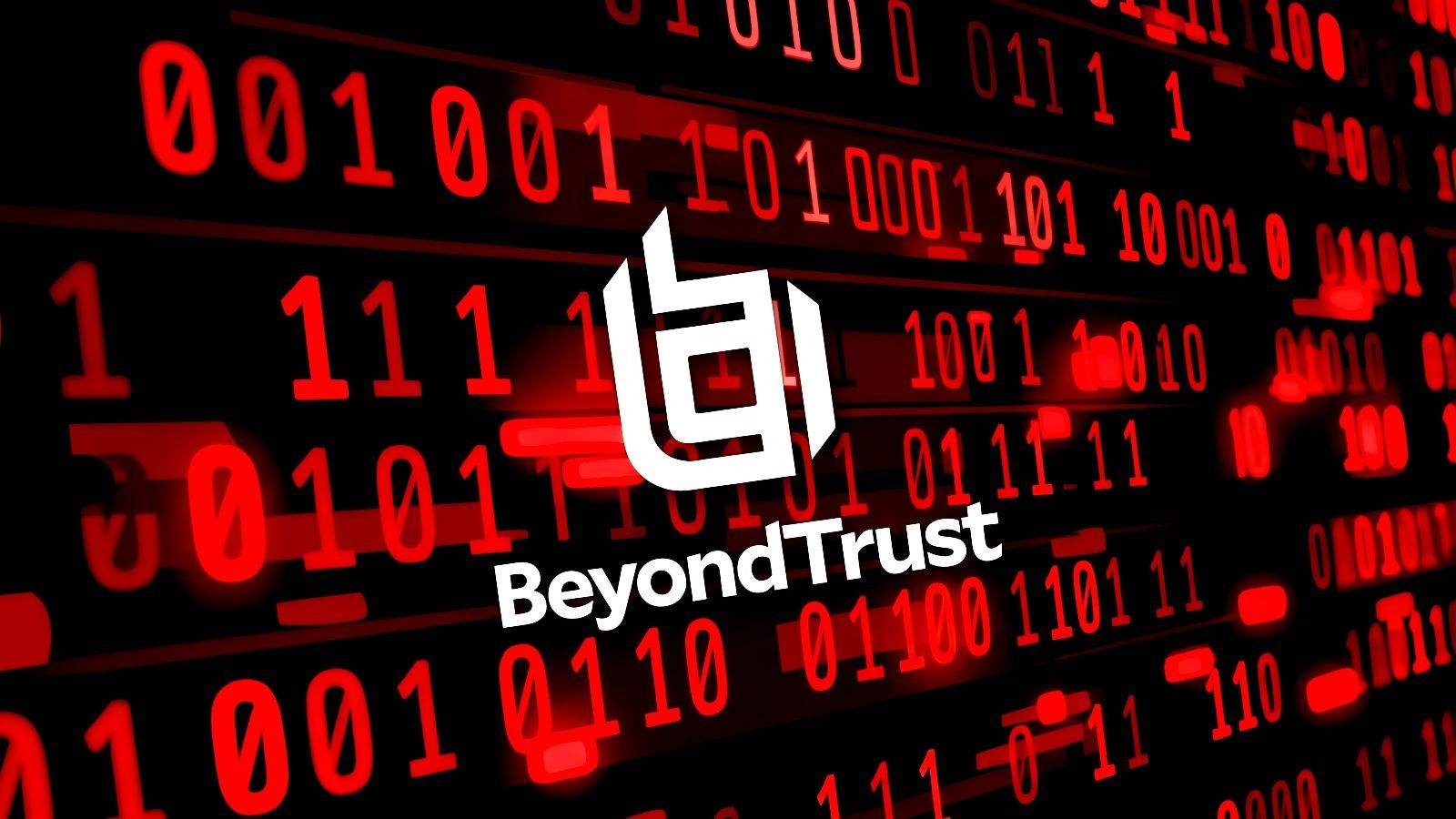 Logotipo blanco de BeyondTrust sobre un fondo negro con dígitos binarios en rojo