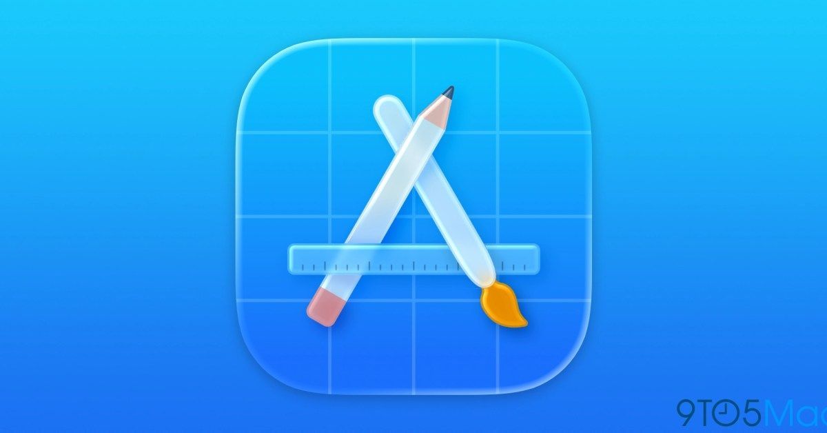 Ícono de las herramientas para desarrolladores de Apple: un lápiz, un pincel y una regla que forman una letra A sobre una cuadrícula, en fondo azul