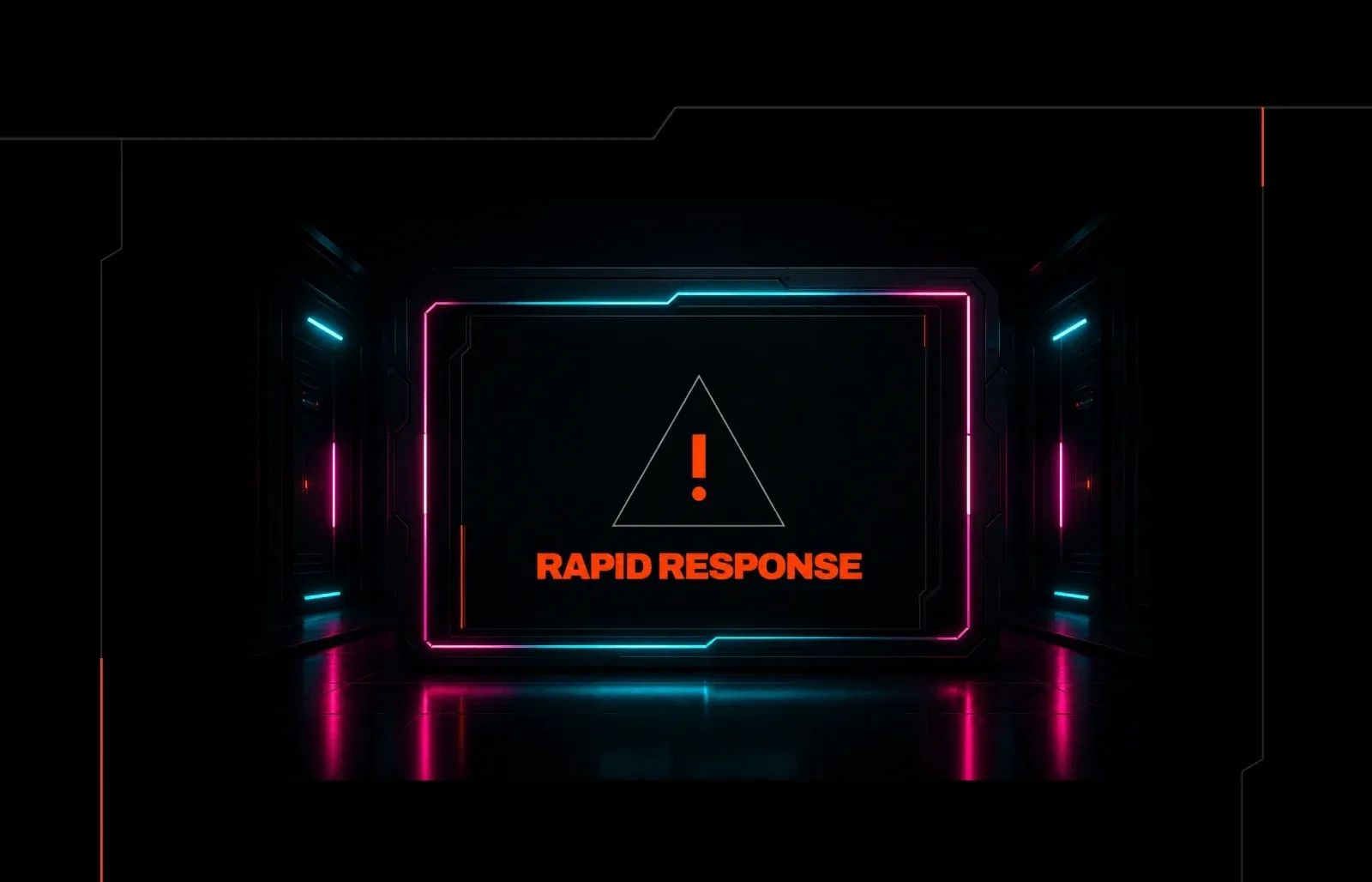Ilustración de un pasillo oscuro con luces de neón rosa y celeste y, al centro, un triángulo de advertencia con la leyenda Rapid Response en naranja