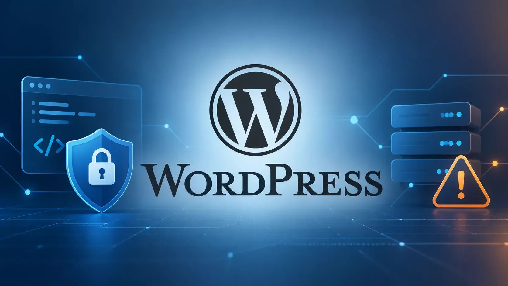 Logo de WordPress en el centro, entre un escudo con candado y una pila de servidores con un triángulo de advertencia