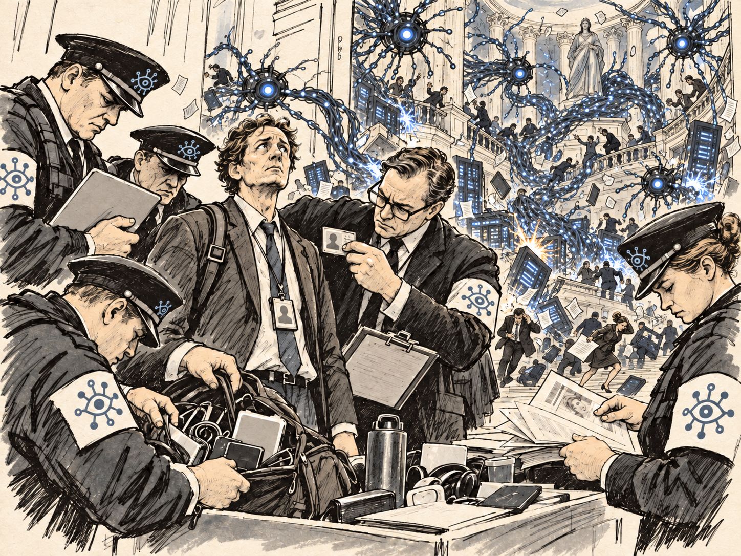 Ilustración de guardias con un ojo en el brazalete que revisan la credencial y el bolso de un profesional, mientras enjambres de agentes artificiales irrumpen en un edificio de gobierno y la gente huye