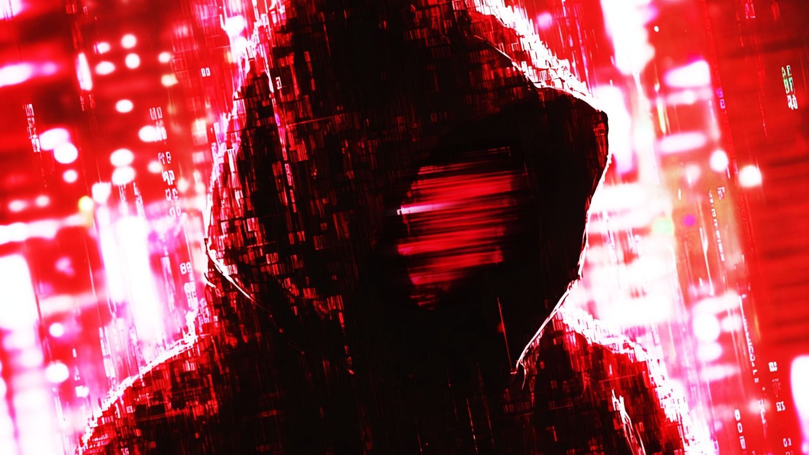 Figura encapuchada con el rostro oculto por un brillo rojo sobre un fondo de código y luces rojas