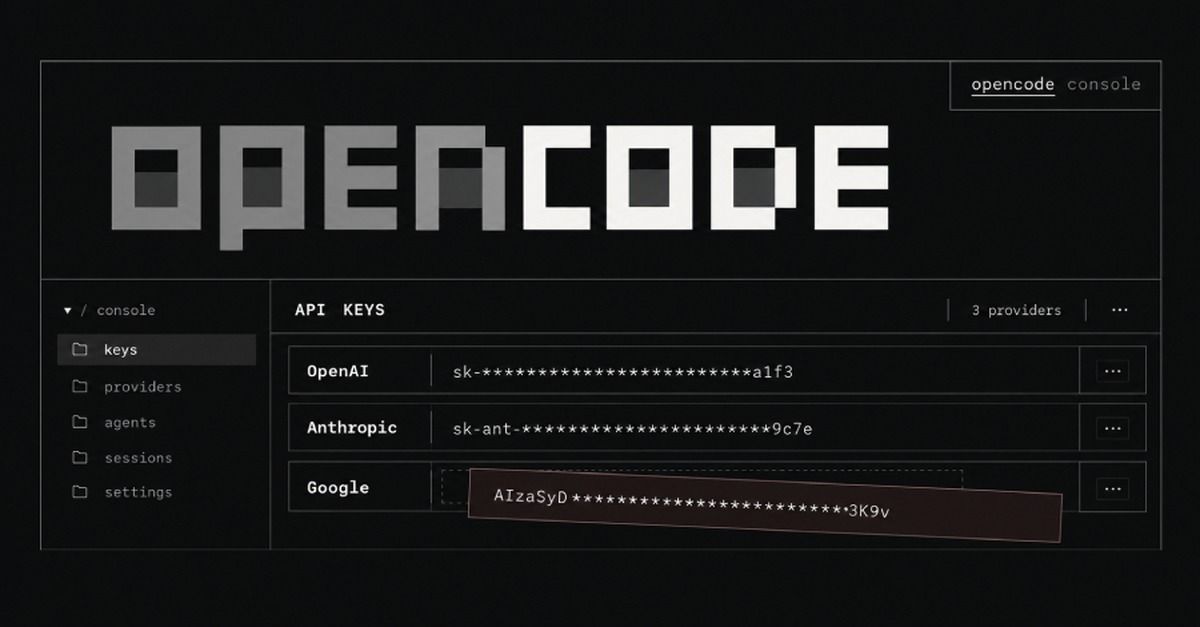 Ilustración de la consola de OpenCode con una lista de claves de API de OpenAI, Anthropic y Google parcialmente ocultas