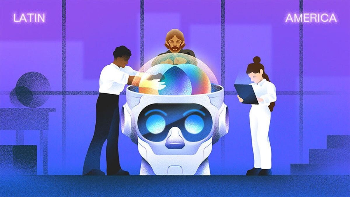 Ilustración de tres personas que arman un cerebro de inteligencia artificial dentro de la cabeza de un robot, con la leyenda Latin America