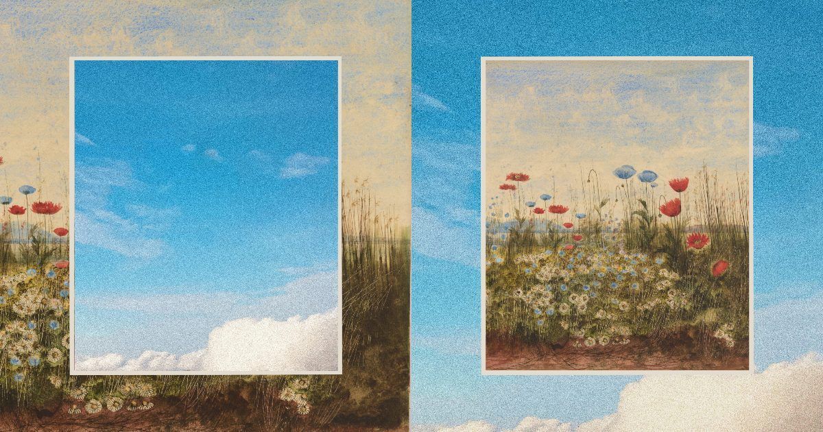 Ilustración de Anthropic con dos paneles de cielo azul, nubes y un campo de amapolas y margaritas enmarcados uno dentro del otro