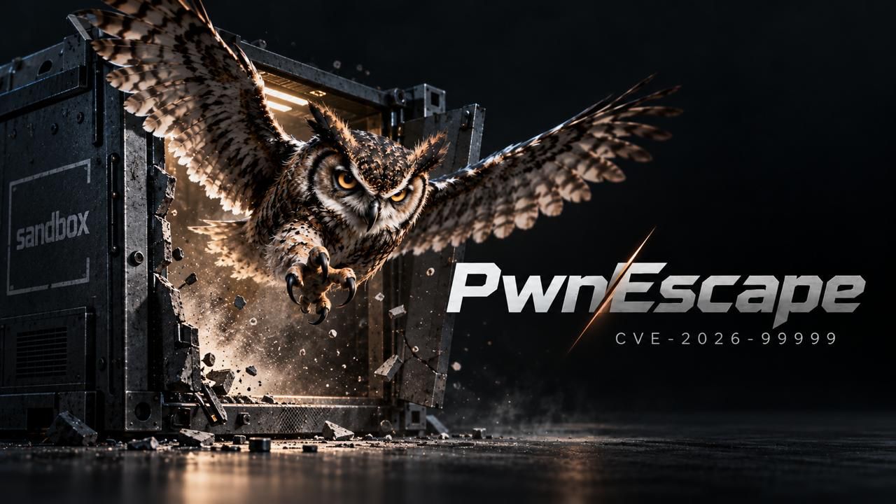 Un búho con las alas abiertas rompe la pared de una caja metálica rotulada sandbox, junto al nombre PwnEscape y el identificador CVE-2026-99999
