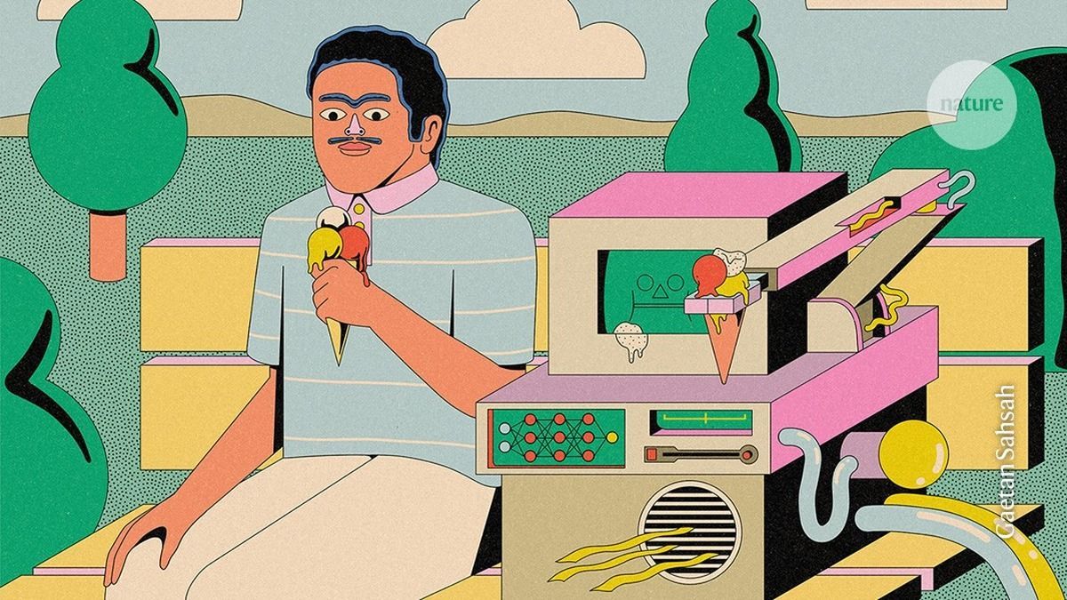 Ilustración de un hombre que toma un helado sentado en un banco de plaza junto a un robot con brazo mecánico que también sostiene un helado y tiene la pantalla manchada