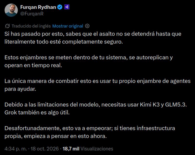 Publicación de Furqan Rydhan en X que dice que los enjambres de agentes entran en los sistemas y se autorreplican, y que la única defensa es un enjambre propio con Kimi K3 y GLM 5.3
