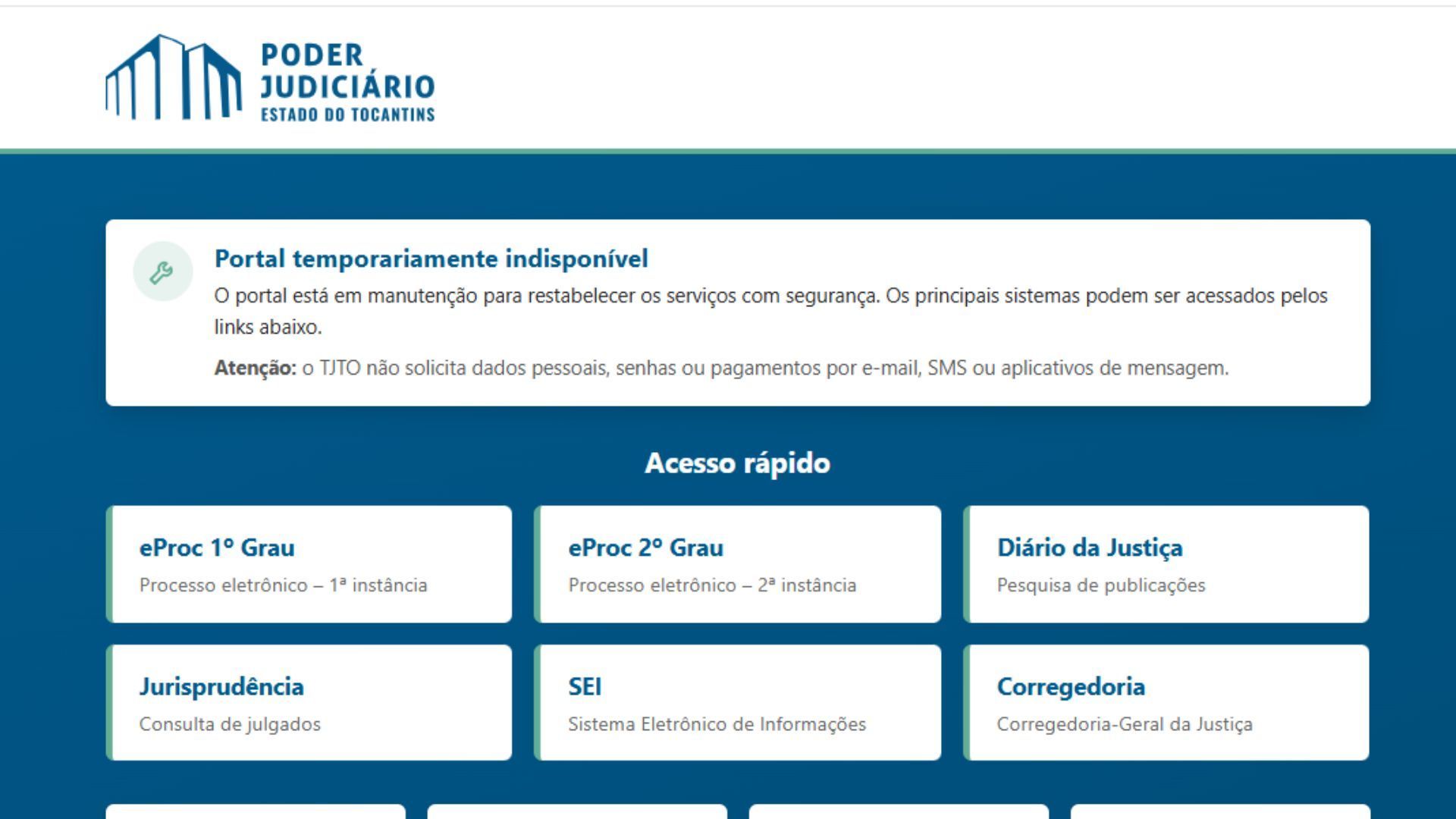 Página de mantenimiento del portal del Poder Judicial de Tocantins, con el aviso de portal temporalmente no disponible y accesos al eProc, el Diario de la Justicia y otros sistemas