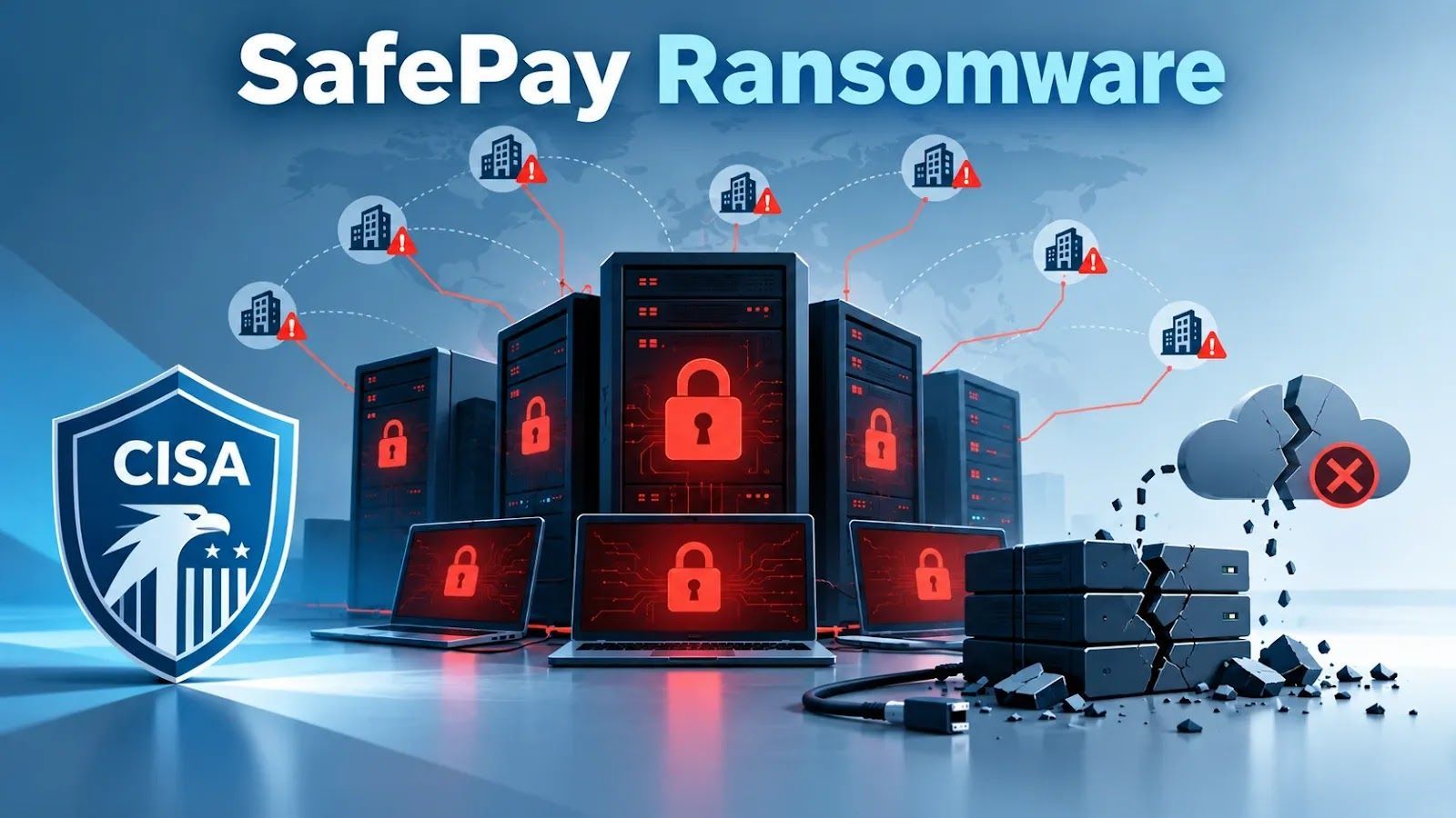 Ilustración de servidores y computadoras bloqueados con candados rojos, conectados a edificios de distintas partes del mundo, junto al escudo de la CISA y un respaldo destruido