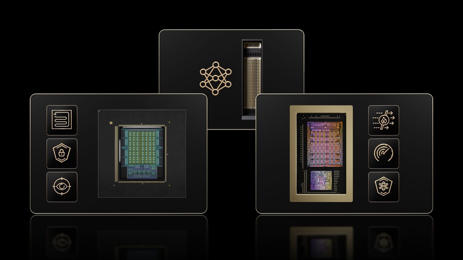 Tres paneles negros con chips de Nvidia e íconos dorados de seguridad, supervisión y redes neuronales que representan las capas de la arquitectura OpenShell