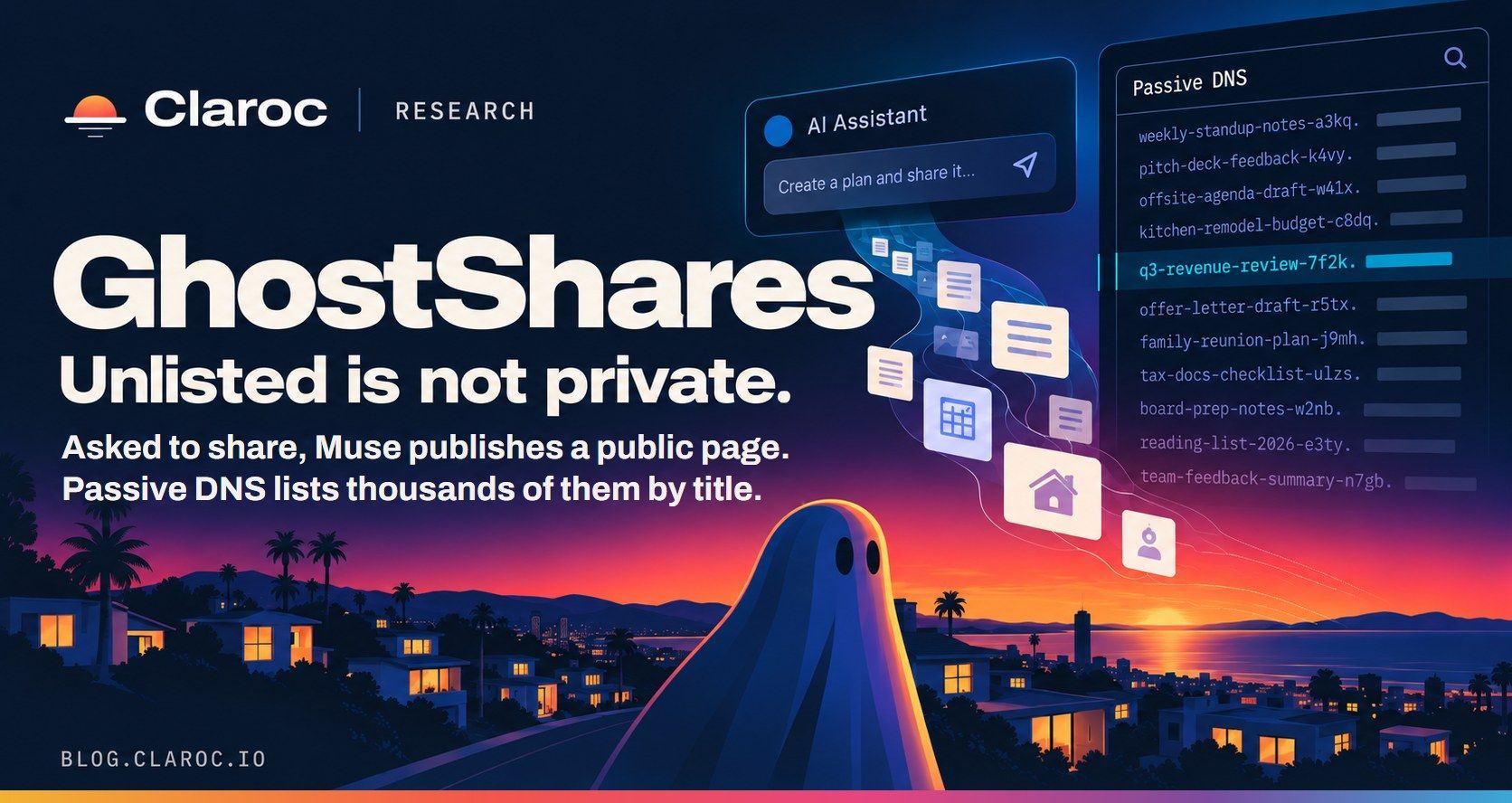 Portada del informe GhostShares de Claroc: un fantasma sobre un barrio al atardecer mira documentos que salen de una ventana de chat de IA hacia una lista de direcciones web
