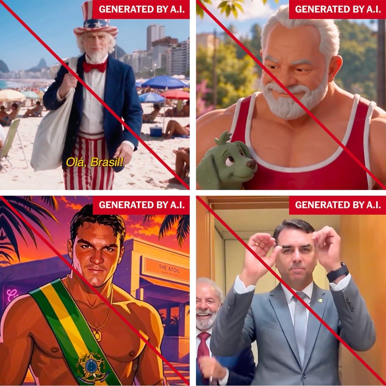 Cuatro cuadros de videos de la campaña brasileña marcados como generados por IA: el Tío Sam en una playa de Río, una caricatura musculosa de Lula, un dibujo de un hombre con la banda presidencial y Flávio Bolsonaro junto a una figura de Lula