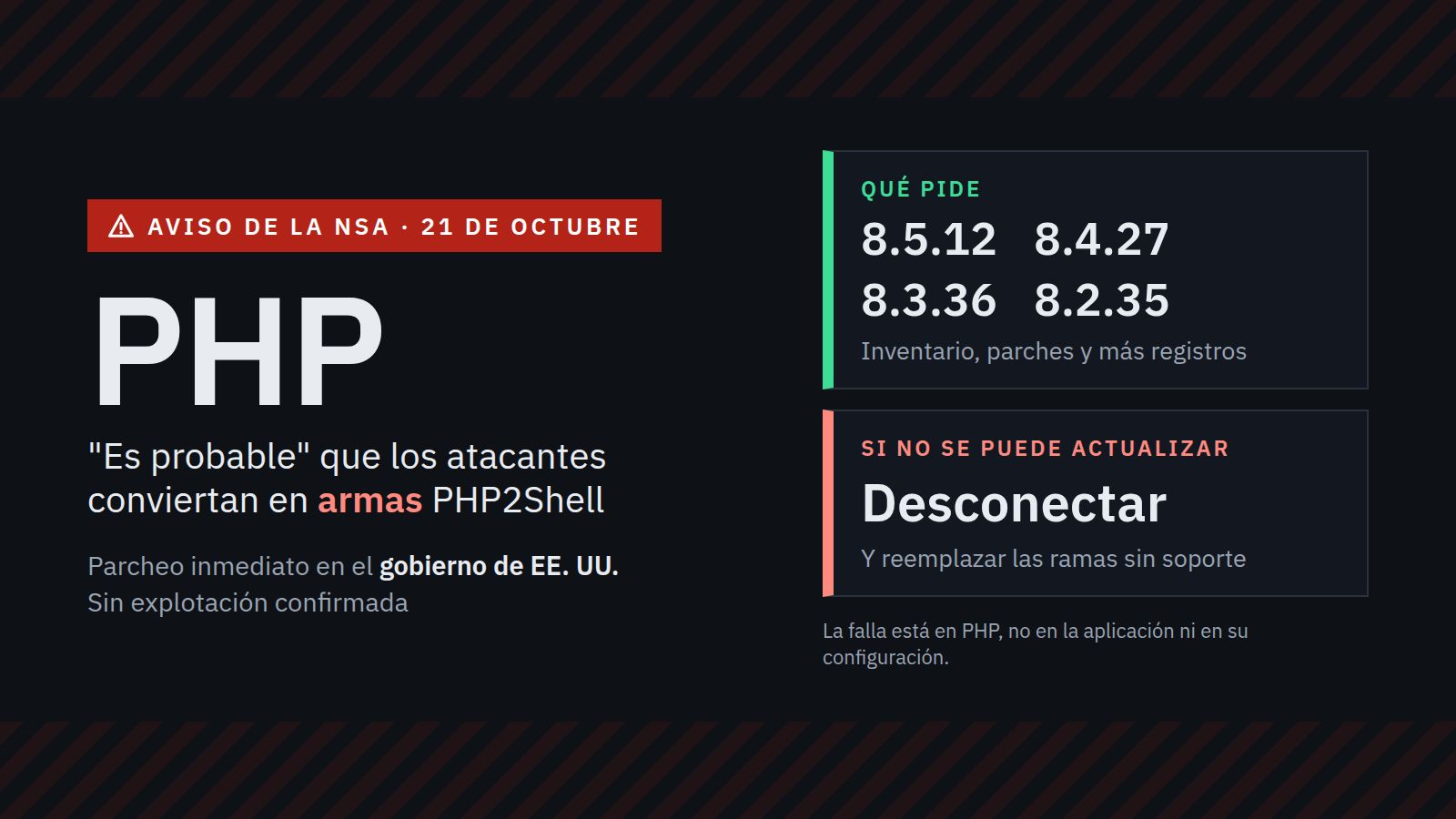 Aviso de la NSA sobre PHP2Shell: parchear con las versiones 8.5.12, 8.4.27, 8.3.36 y 8.2.35, y desconectar lo que no se pueda actualizar