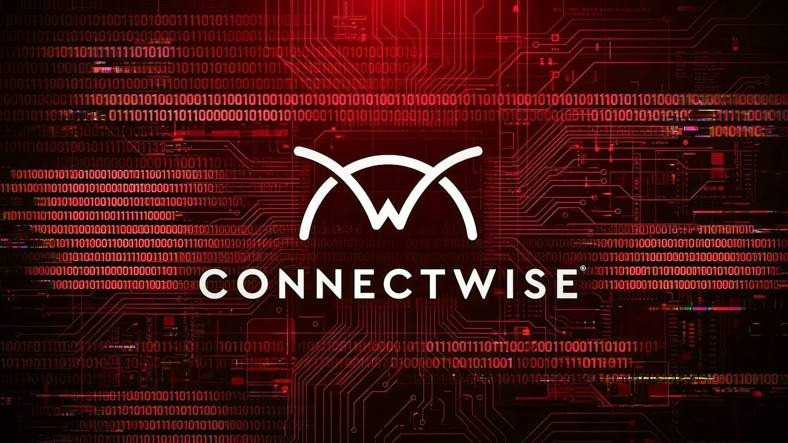 Logo de ConnectWise sobre un fondo rojo con código binario y circuitos