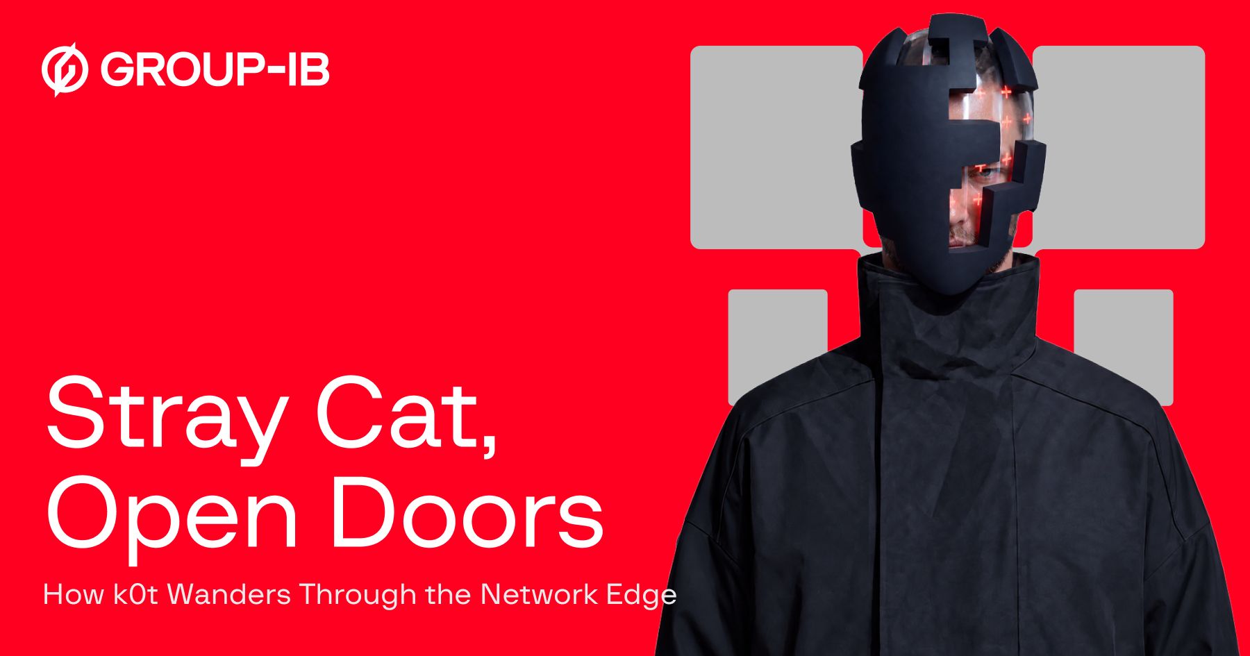 Portada del informe de Group-IB: una persona con casco negro sobre fondo rojo y el título Stray Cat, Open Doors