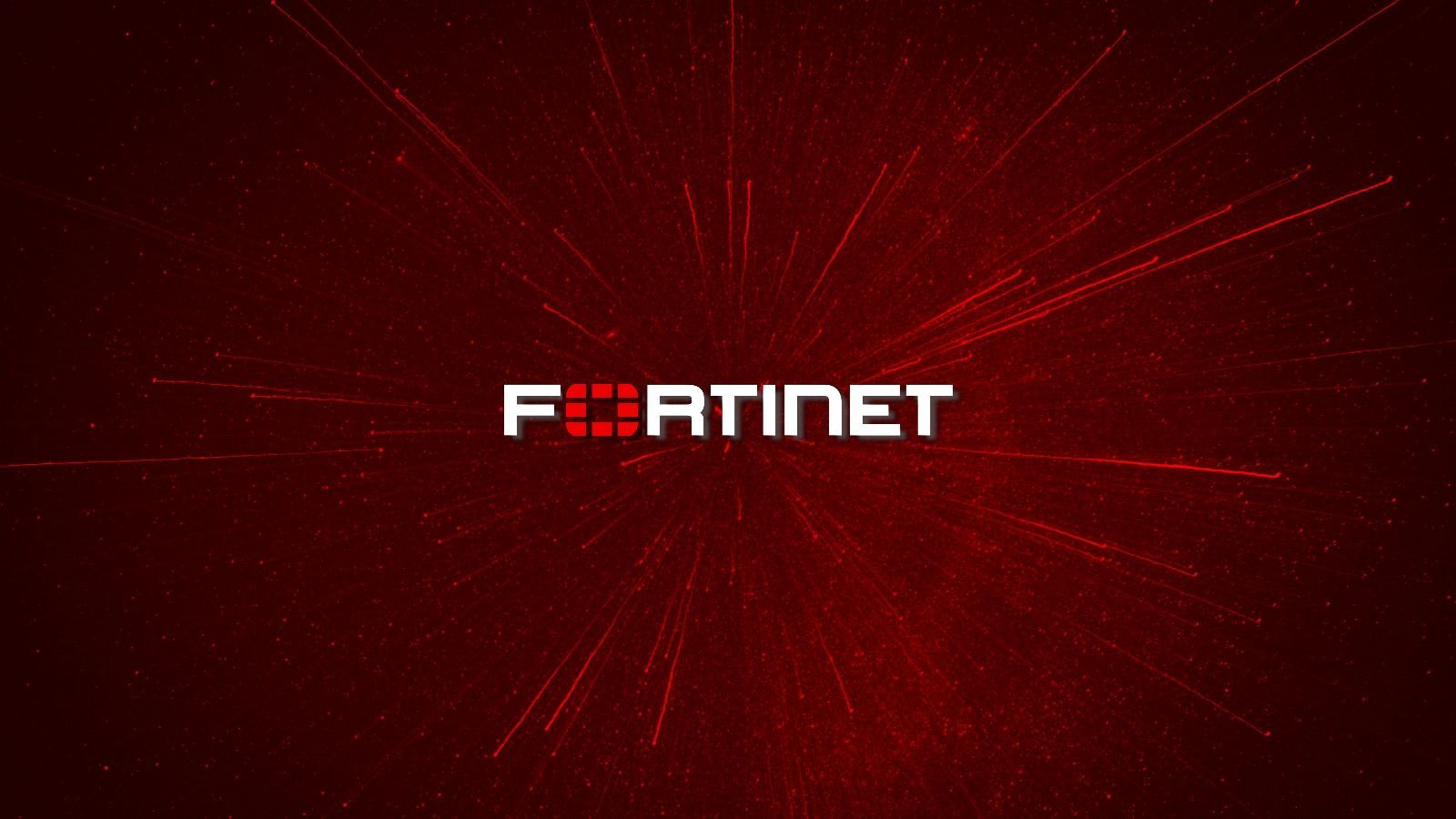 Logotipo blanco de Fortinet con un fondo rojo oscuro. En el centro, la palabra FORTINET en letras blancas en mayúsculas, con la O reemplazada por un cuadrado rojo con cuadrícula. Alrededor, líneas y partículas rojas que irradian desde el centro como