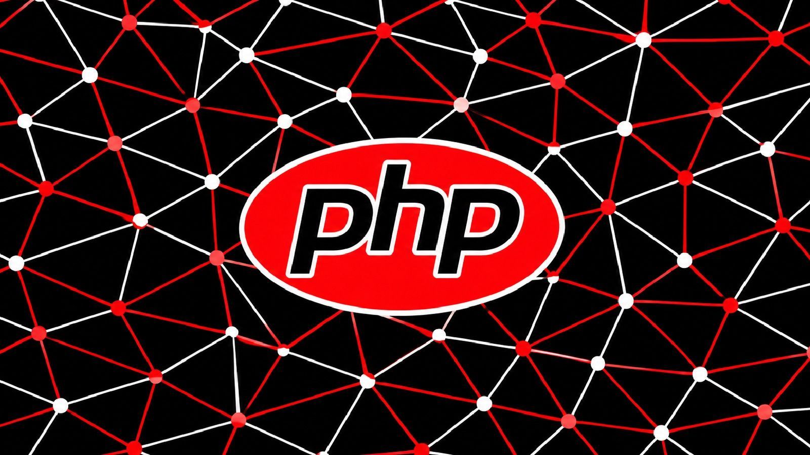 Logo de PHP sobre una red de puntos y líneas rojas y blancas