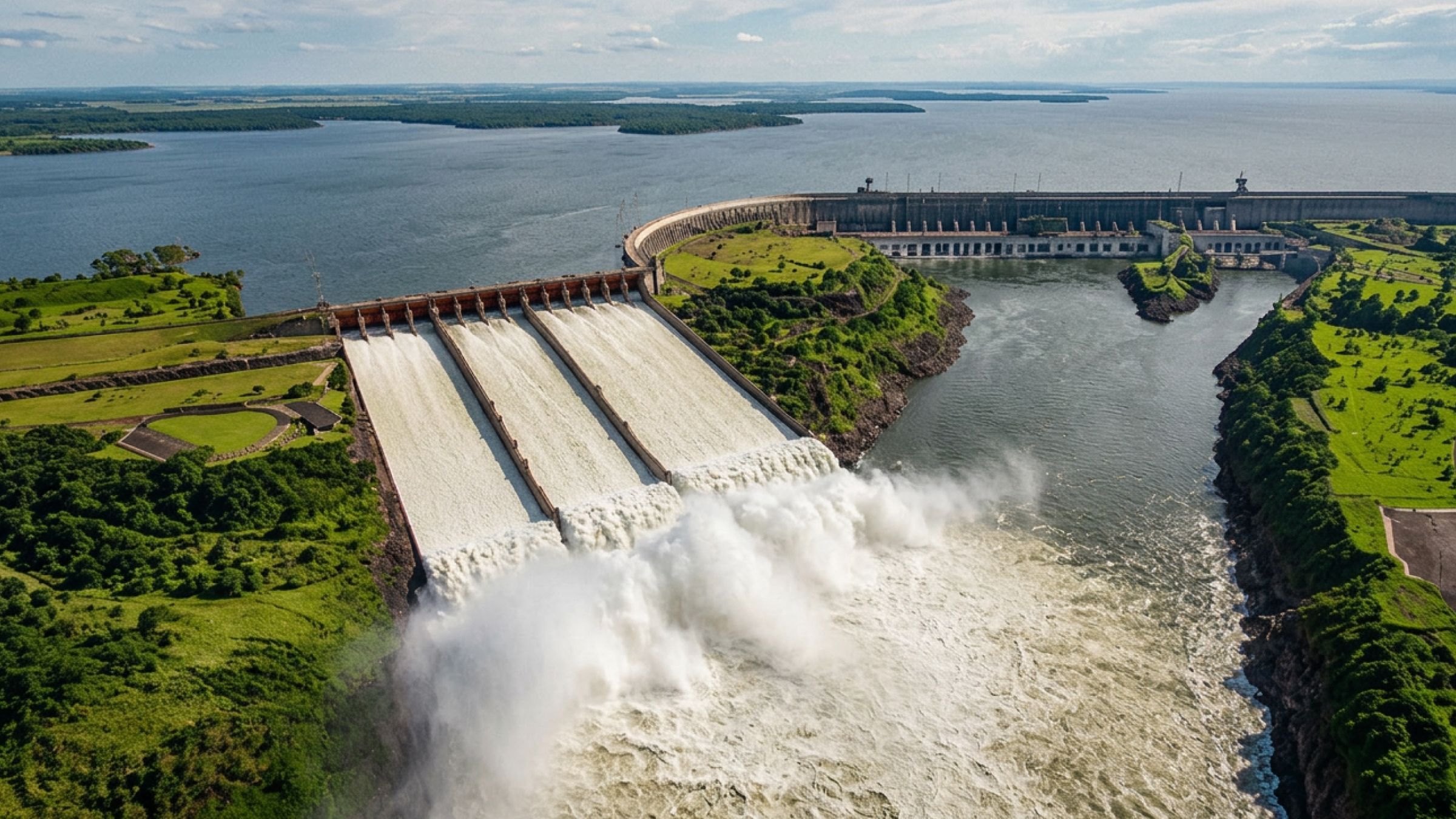 Vista aérea de la represa de Itaipú, con el vertedero abierto y el embalse detrás