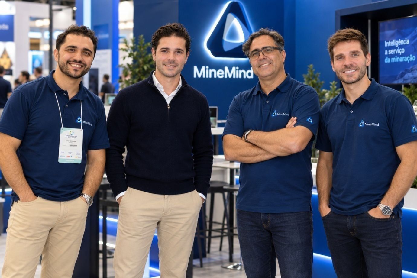 Los cuatro fundadores de MineMind frente al stand de la empresa en una feria de minería