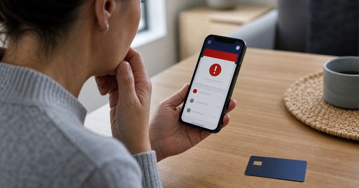 Una mujer mira en su celular una alerta del banco, con una tarjeta sobre la mesa