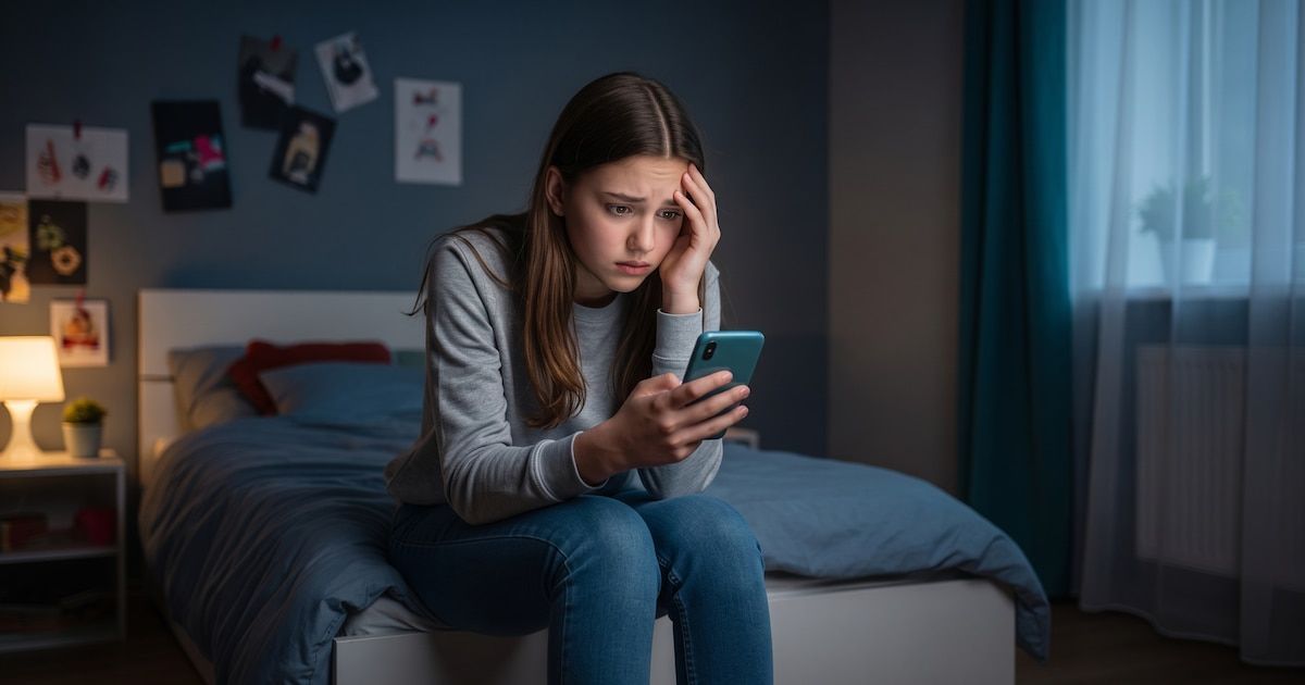Ilustración de una adolescente preocupada que mira su celular sentada en su cama