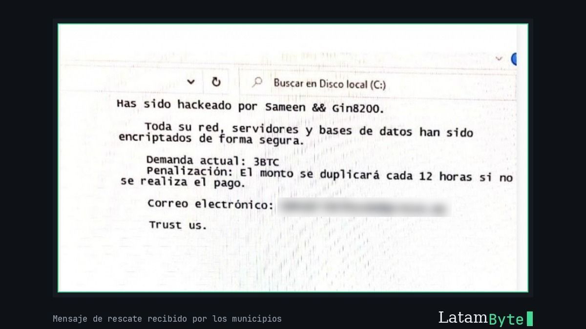 Captura del mensaje de rescate que recibieron los municipios, que pide 3 bitcoins y amenaza con duplicar el monto cada 12 horas