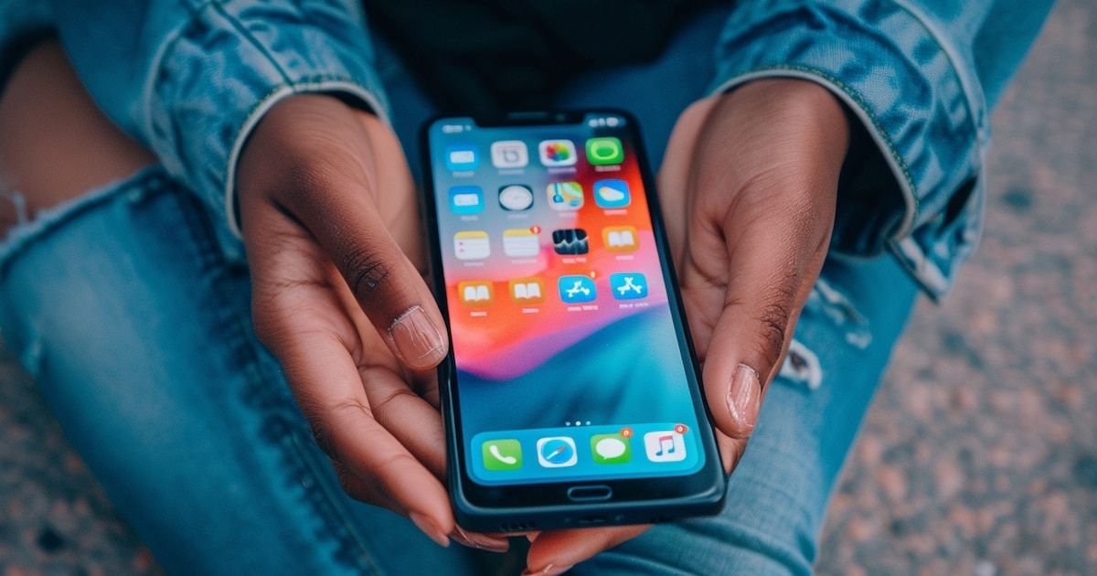 Manos de una persona sentada, con jean azul y campera de jean, sosteniendo un celular negro con la pantalla encendida que muestra una grilla de aplicaciones sobre un fondo degradado naranja, rosa y azul, y una barra inferior con teléfono, Safari, men