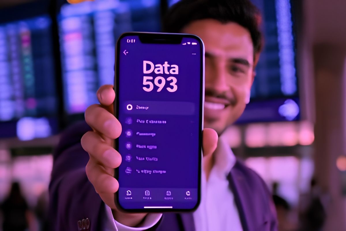 Hombre sonriente con traje violeta sostiene en primer plano un celular cuya pantalla violeta muestra el título 'Data 593' y una lista de opciones. Al fondo, pantallas desenfocadas con luces azules y violetas.