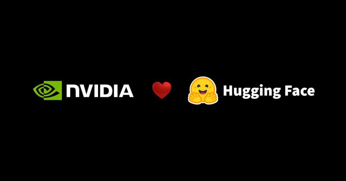 Sobre fondo negro, a la izquierda el logotipo verde de NVIDIA con su ojo estilizado; en el centro, un corazón rojo; a la derecha, la carita amarilla sonriente con dos manos de Hugging Face y el texto Hugging Face en blanco.
