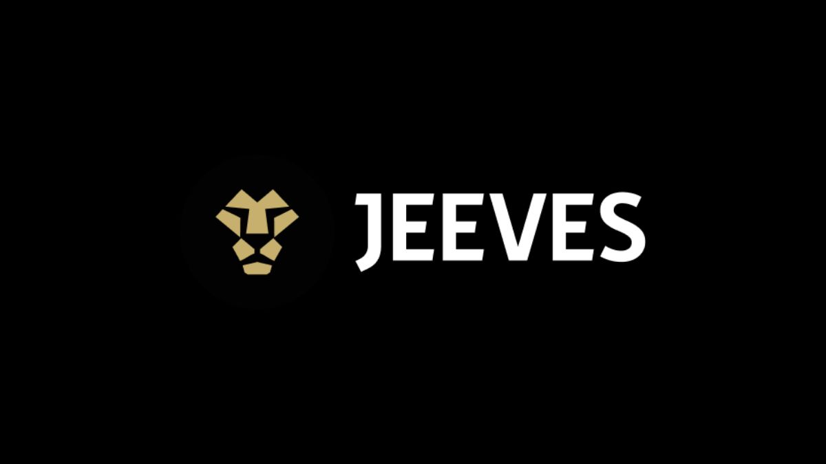 Logo de Jeeves sobre fondo negro: a la izquierda, un icono dorado de cabeza de león de formas geométricas, y a la derecha, la palabra JEEVES en letras mayúsculas blancas y en negrita.
